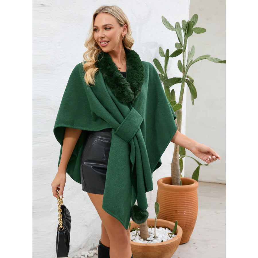 Fuzzy Trim Open Front Poncho Apparel and Accessories