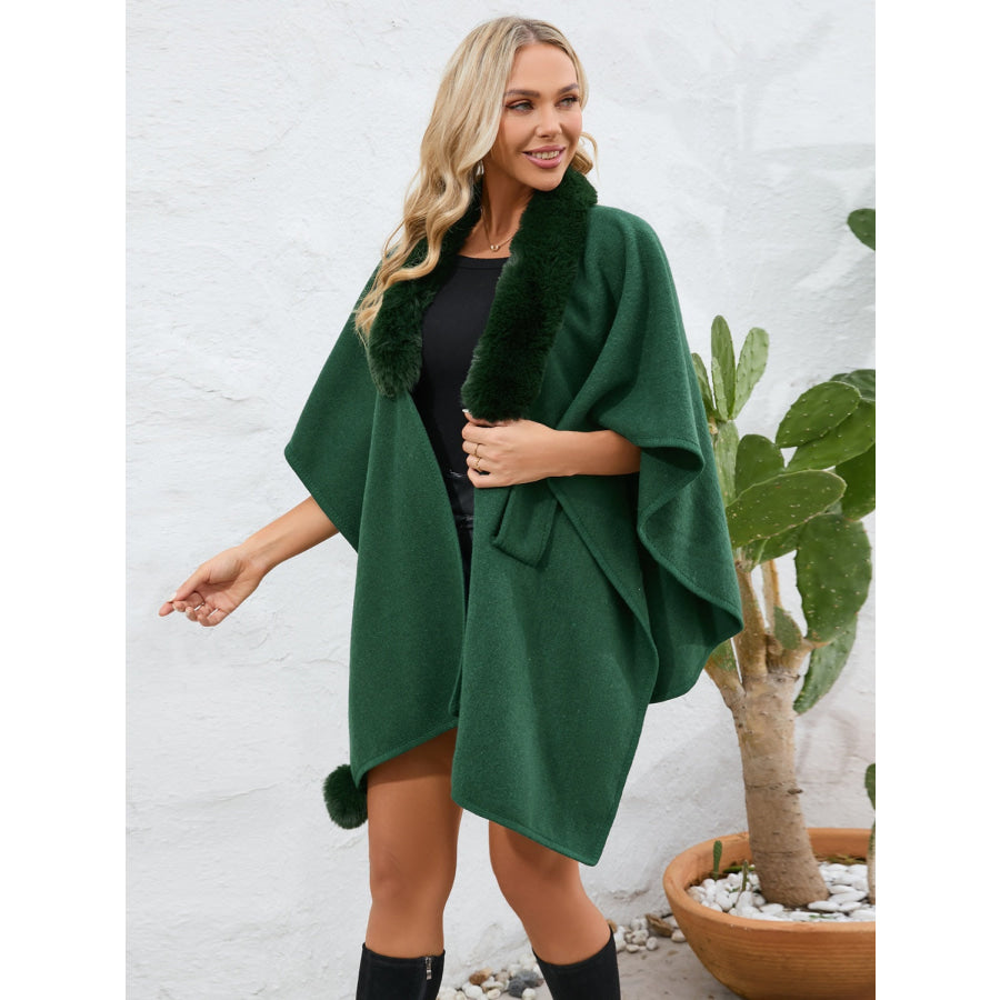 Fuzzy Trim Open Front Poncho Apparel and Accessories