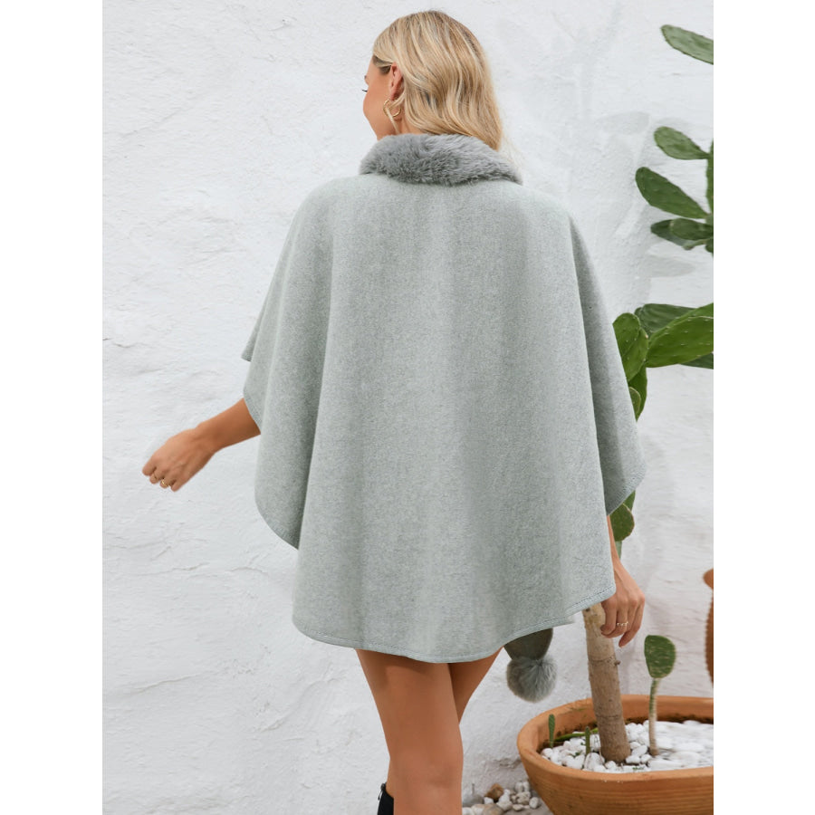 Fuzzy Trim Open Front Poncho Gray / One Size Apparel and Accessories