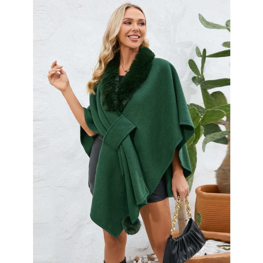 Fuzzy Trim Open Front Poncho Apparel and Accessories