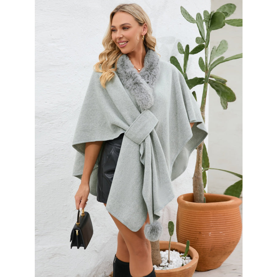 Fuzzy Trim Open Front Poncho Apparel and Accessories