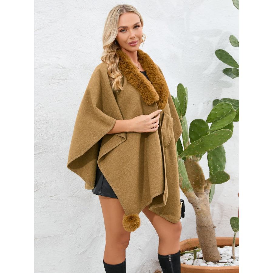 Fuzzy Trim Open Front Poncho Apparel and Accessories