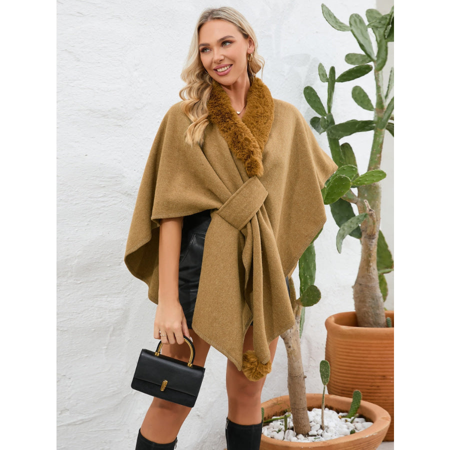 Fuzzy Trim Open Front Poncho Apparel and Accessories