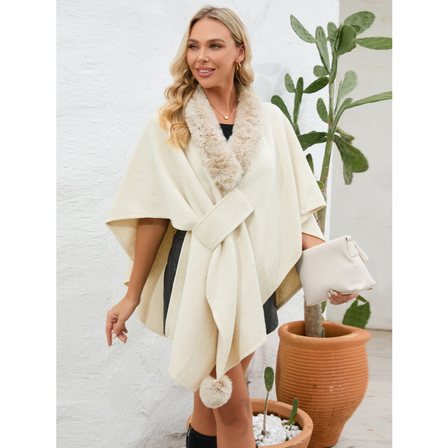 Fuzzy Trim Open Front Poncho Apparel and Accessories