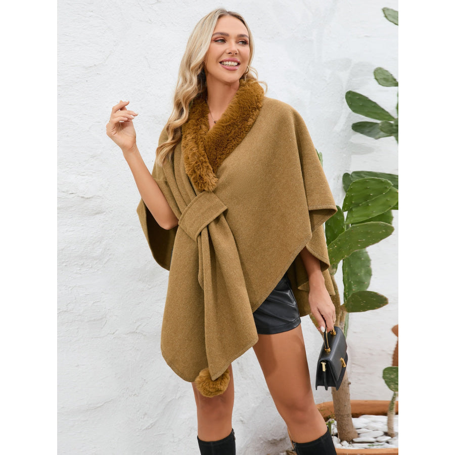 Fuzzy Trim Open Front Poncho Apparel and Accessories