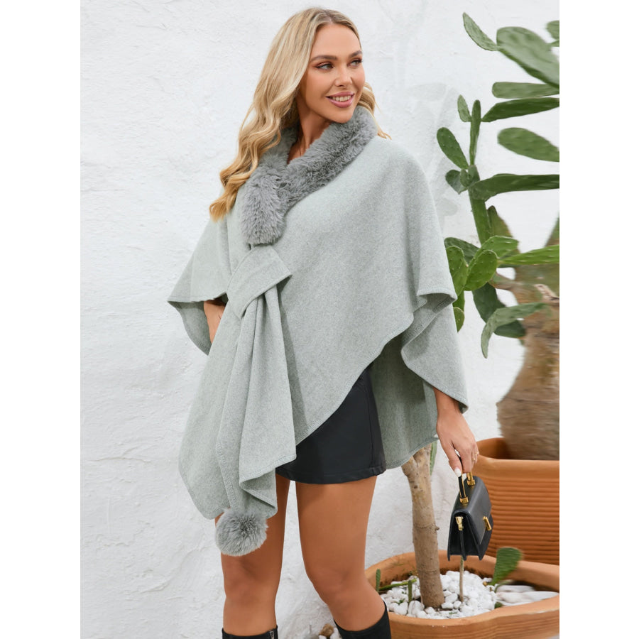 Fuzzy Trim Open Front Poncho Apparel and Accessories