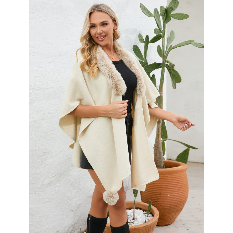 Fuzzy Trim Open Front Poncho Apparel and Accessories