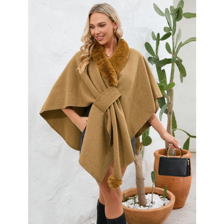 Fuzzy Trim Open Front Poncho Apparel and Accessories