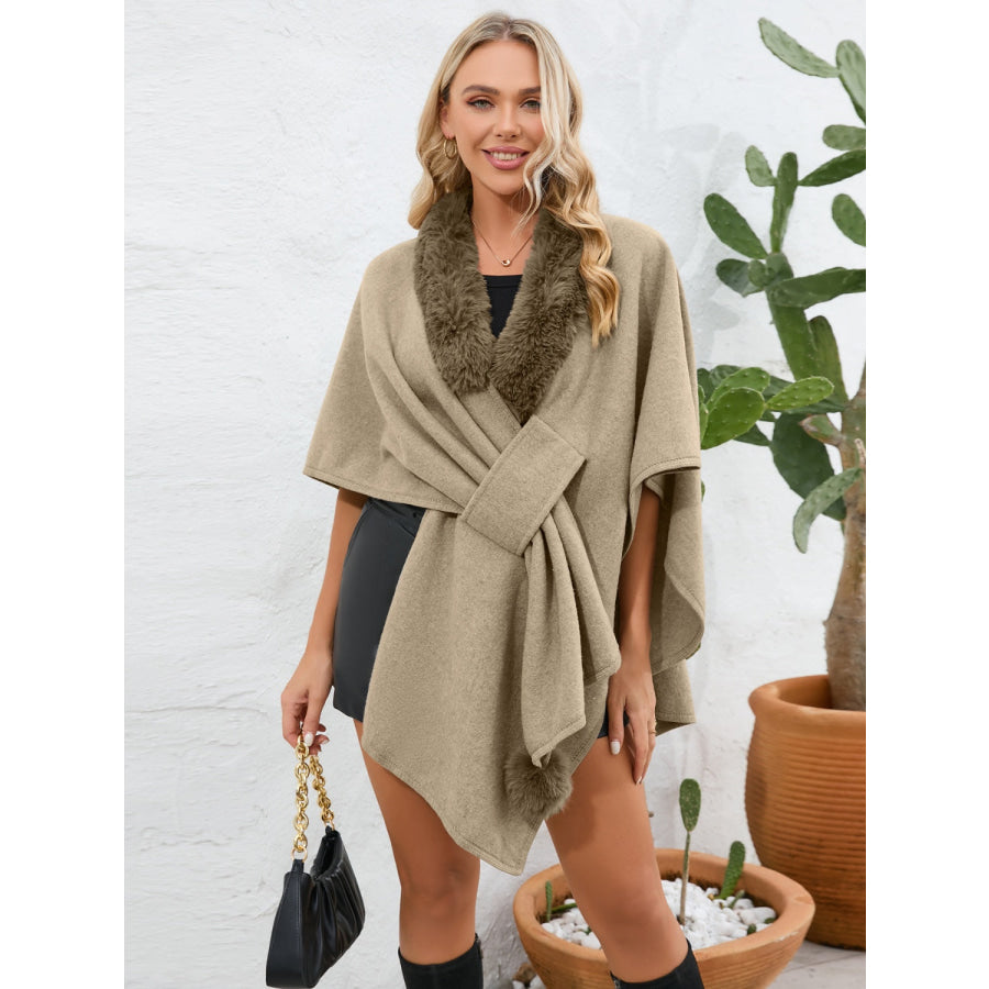 Fuzzy Trim Open Front Poncho Apparel and Accessories