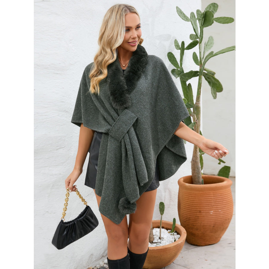 Fuzzy Trim Open Front Poncho Apparel and Accessories