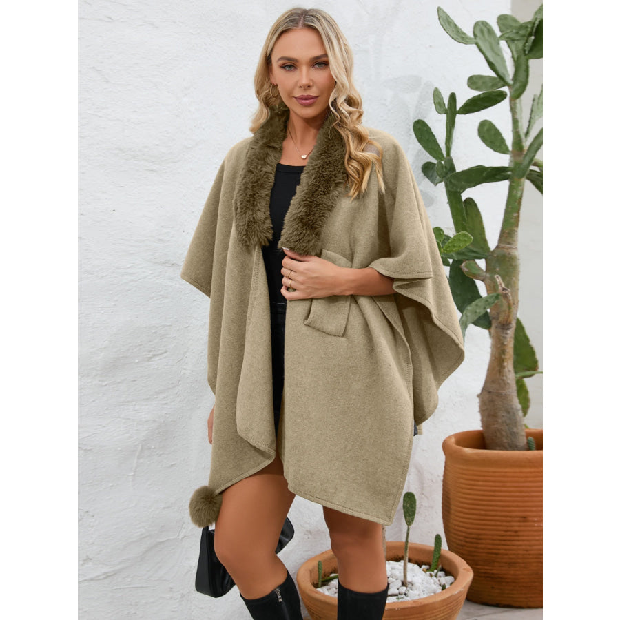 Fuzzy Trim Open Front Poncho Apparel and Accessories