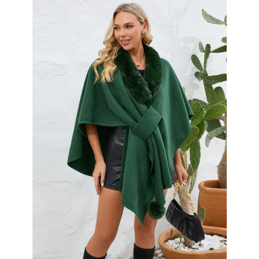 Fuzzy Trim Open Front Poncho Apparel and Accessories