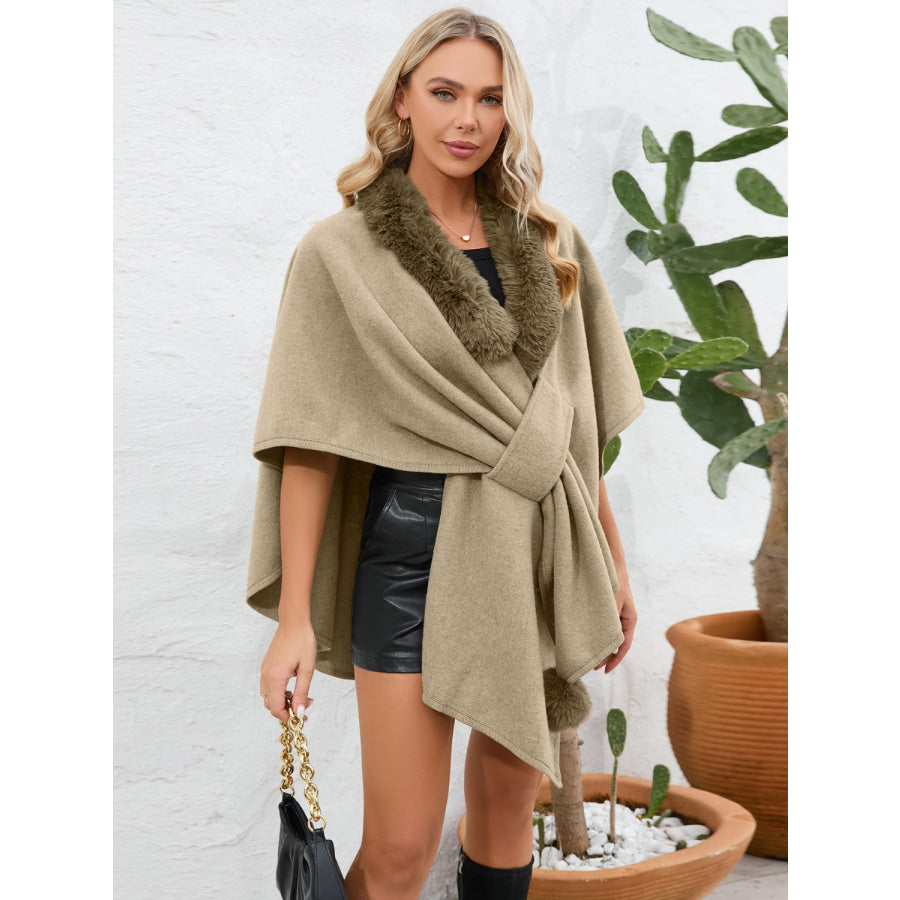 Fuzzy Trim Open Front Poncho Apparel and Accessories