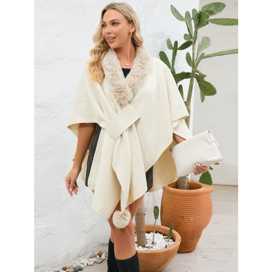 Fuzzy Trim Open Front Poncho Apparel and Accessories