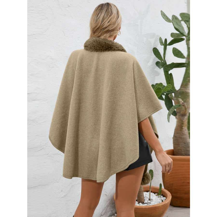 Fuzzy Trim Open Front Poncho Apparel and Accessories