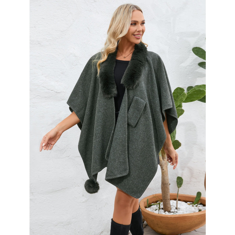 Fuzzy Trim Open Front Poncho Apparel and Accessories