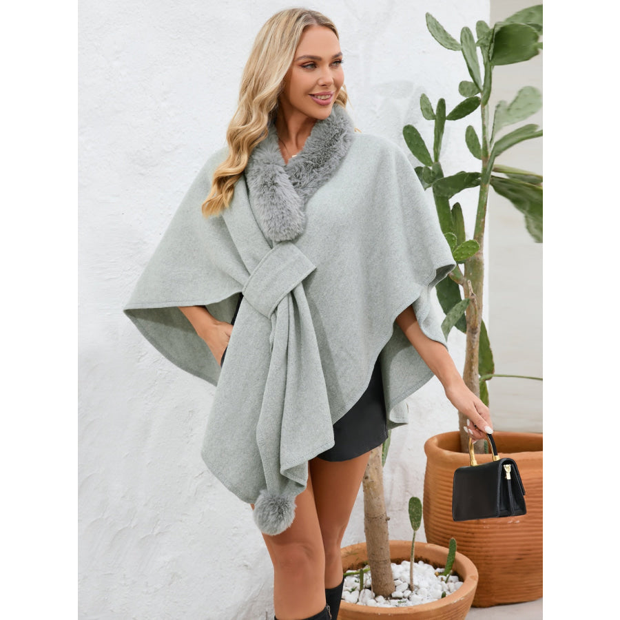 Fuzzy Trim Open Front Poncho Apparel and Accessories