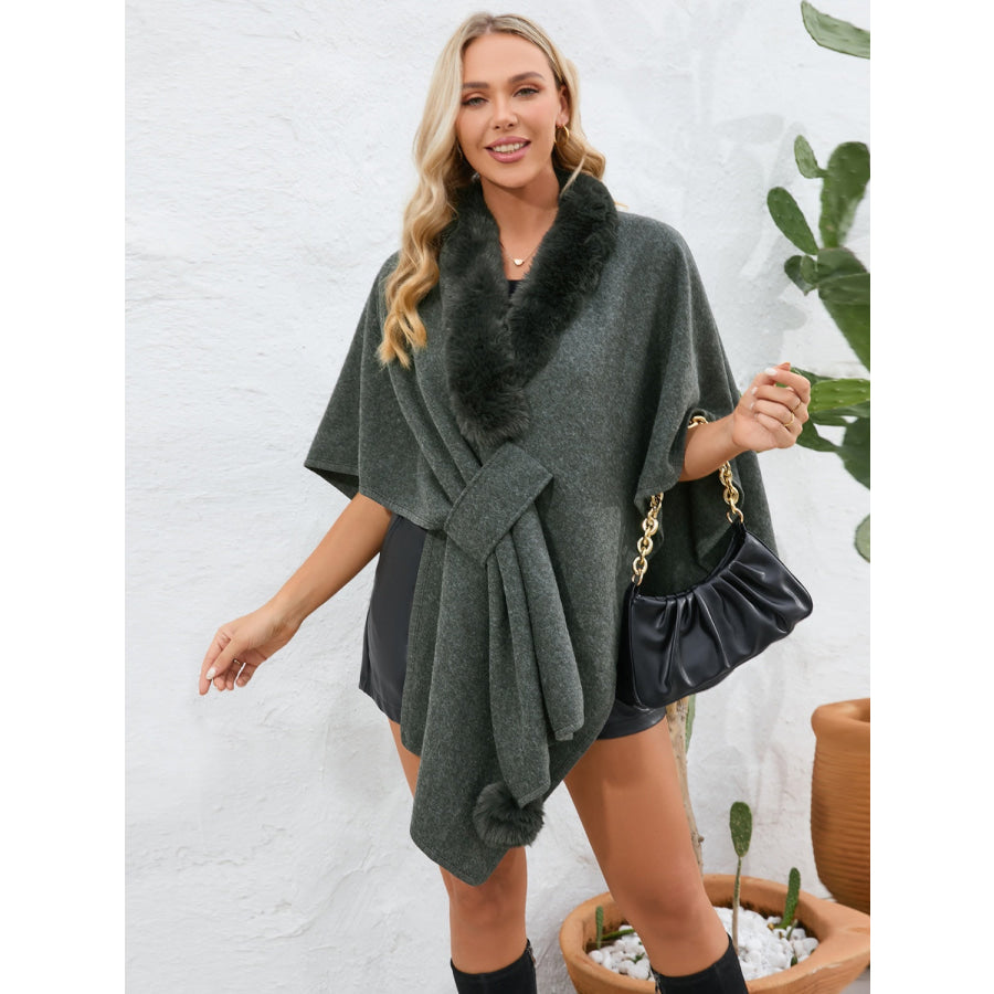 Fuzzy Trim Open Front Poncho Apparel and Accessories