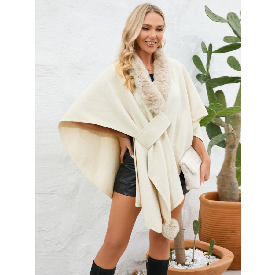 Fuzzy Trim Open Front Poncho Apparel and Accessories