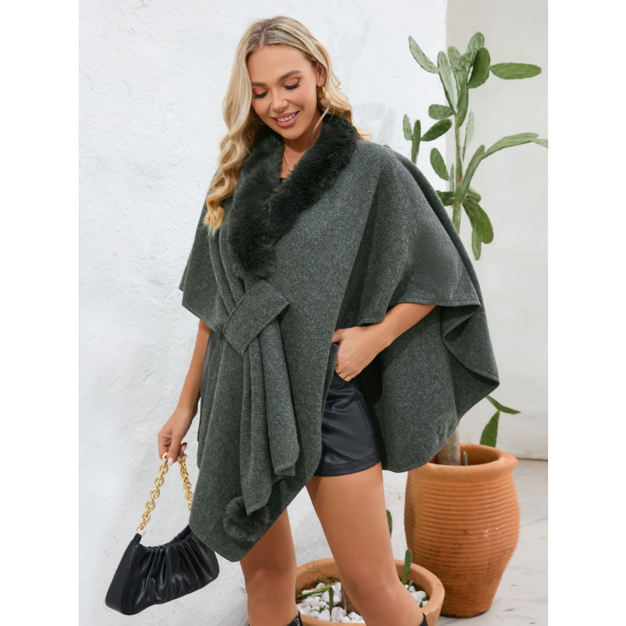 Fuzzy Trim Open Front Poncho Apparel and Accessories