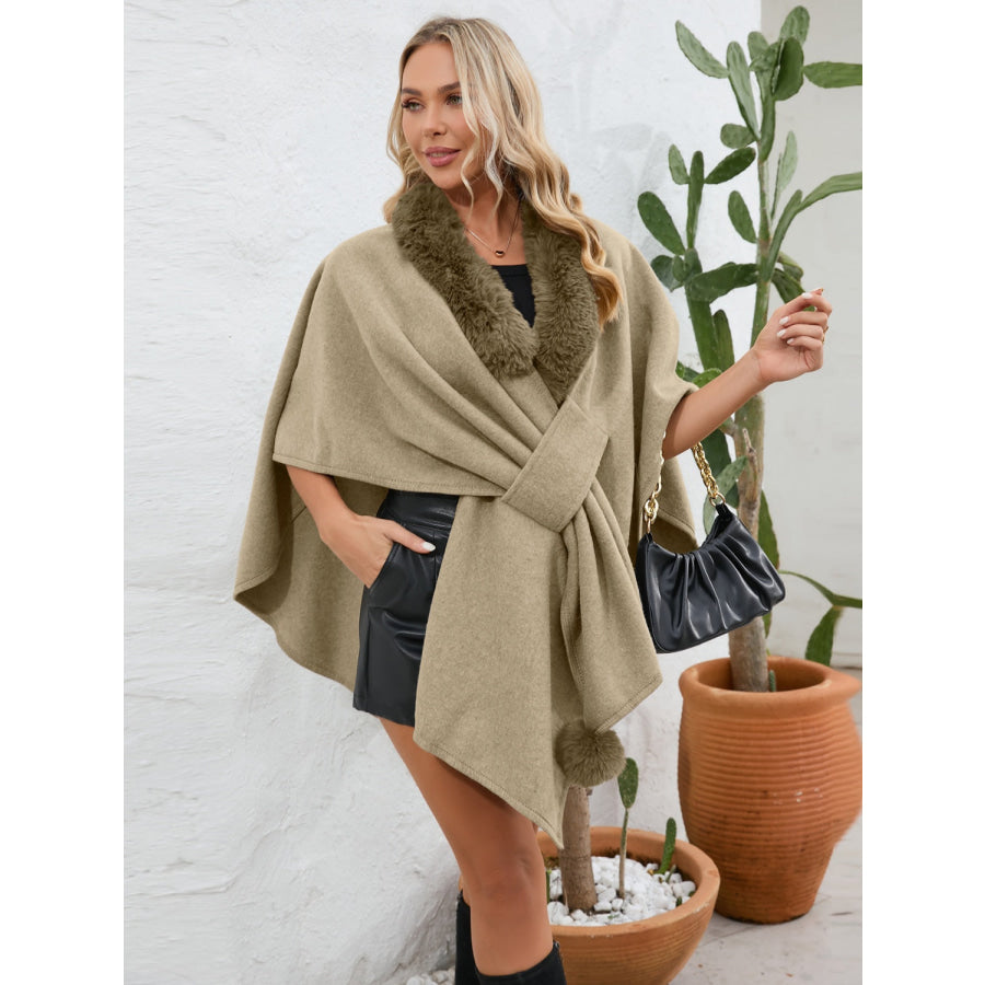 Fuzzy Trim Open Front Poncho Apparel and Accessories