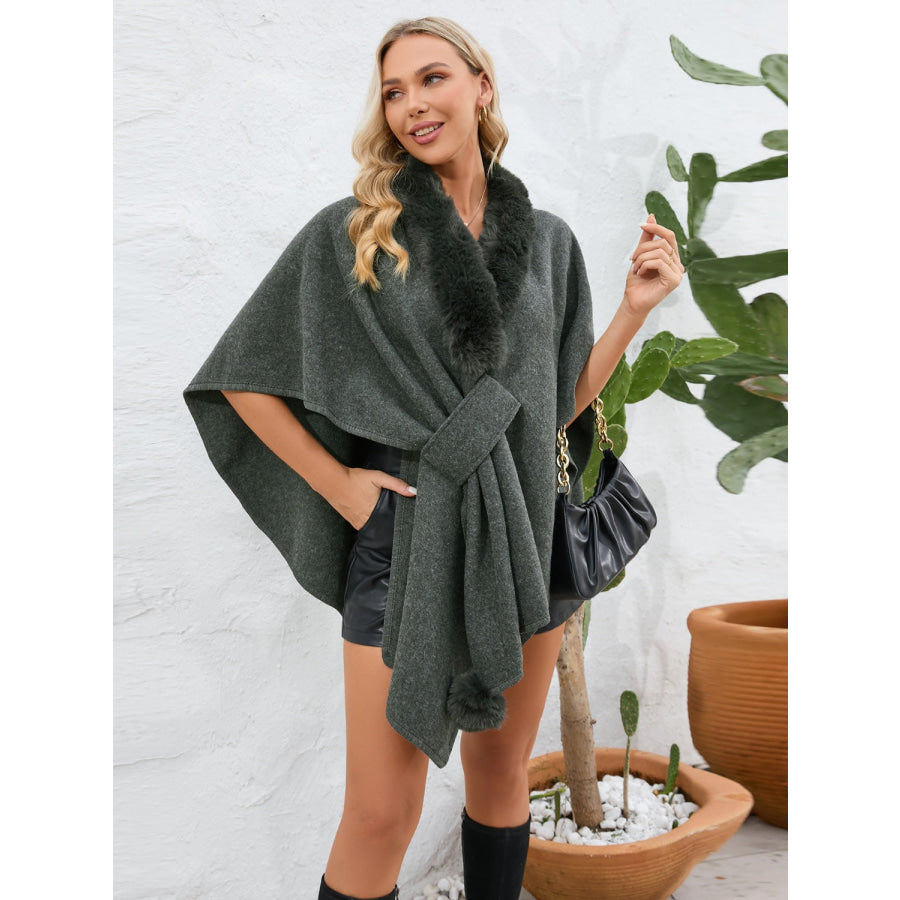 Fuzzy Trim Open Front Poncho Black / One Size Apparel and Accessories