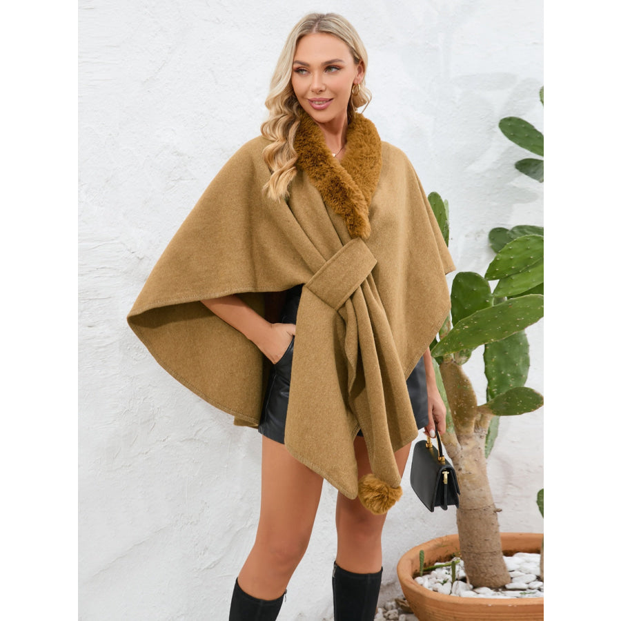 Fuzzy Trim Open Front Poncho Camel / One Size Apparel and Accessories