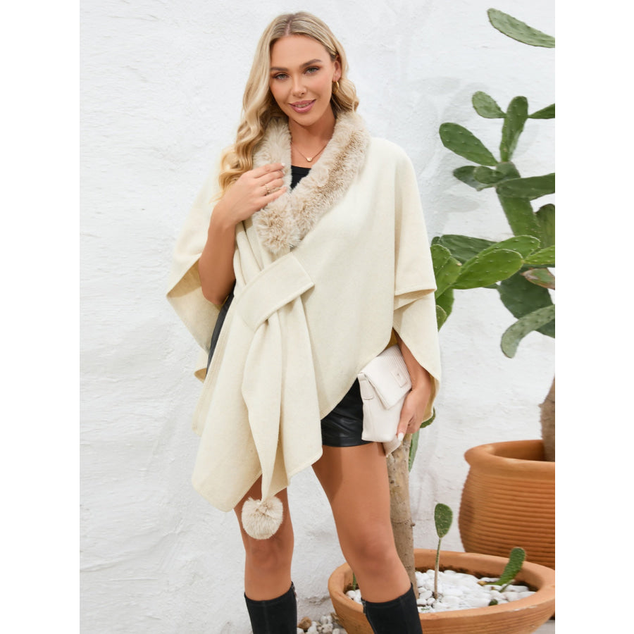 Fuzzy Trim Open Front Poncho Cream / One Size Apparel and Accessories