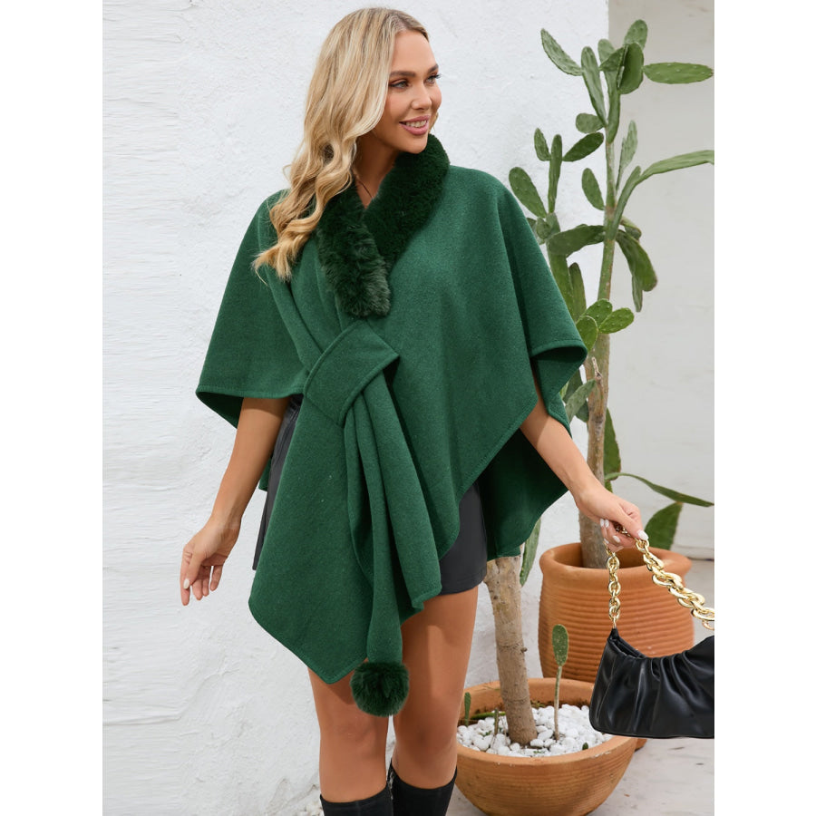 Fuzzy Trim Open Front Poncho Dark Green / One Size Apparel and Accessories