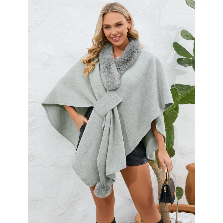 Fuzzy Trim Open Front Poncho Gray / One Size Apparel and Accessories