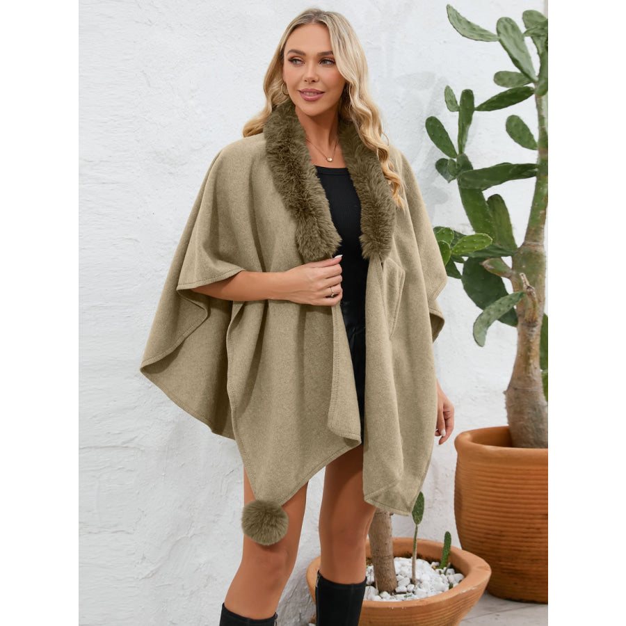 Fuzzy Trim Open Front Poncho Mocha / One Size Apparel and Accessories