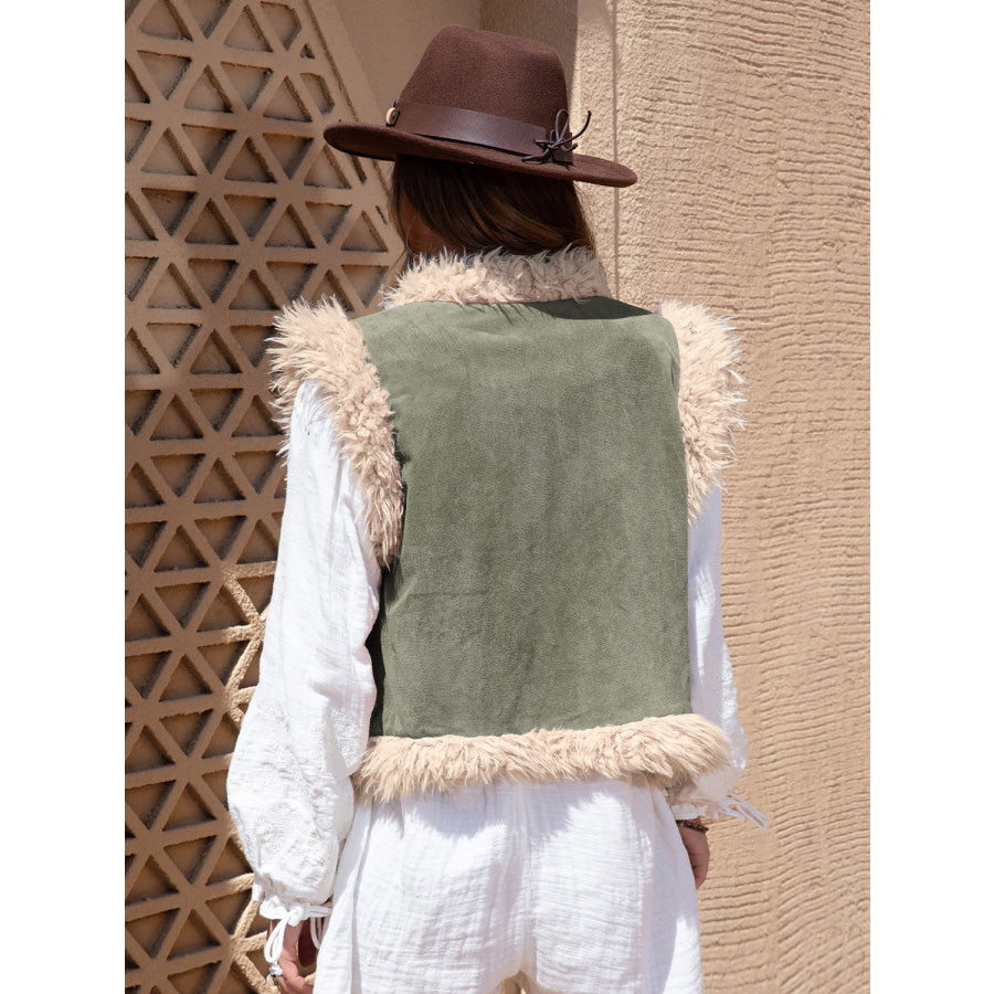 Fuzzy Trim Open Front Vest Coat Apparel and Accessories