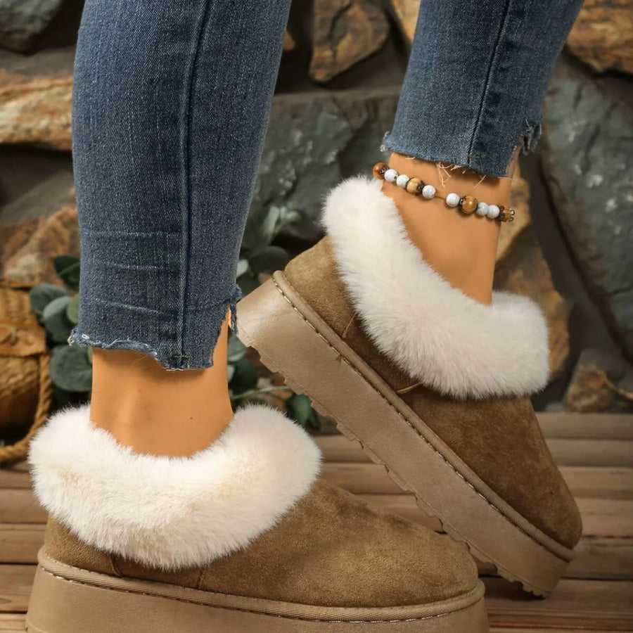 Fuzzy Trim Round Toe Platform Boots Apparel and Accessories