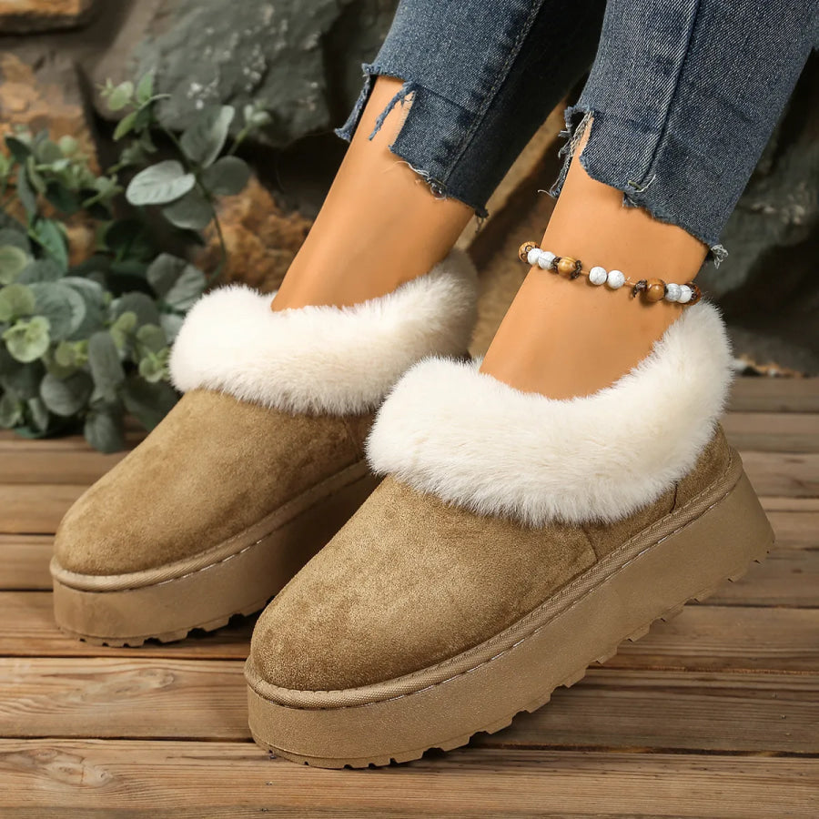Fuzzy Trim Round Toe Platform Boots Khaki / 36 Apparel and Accessories