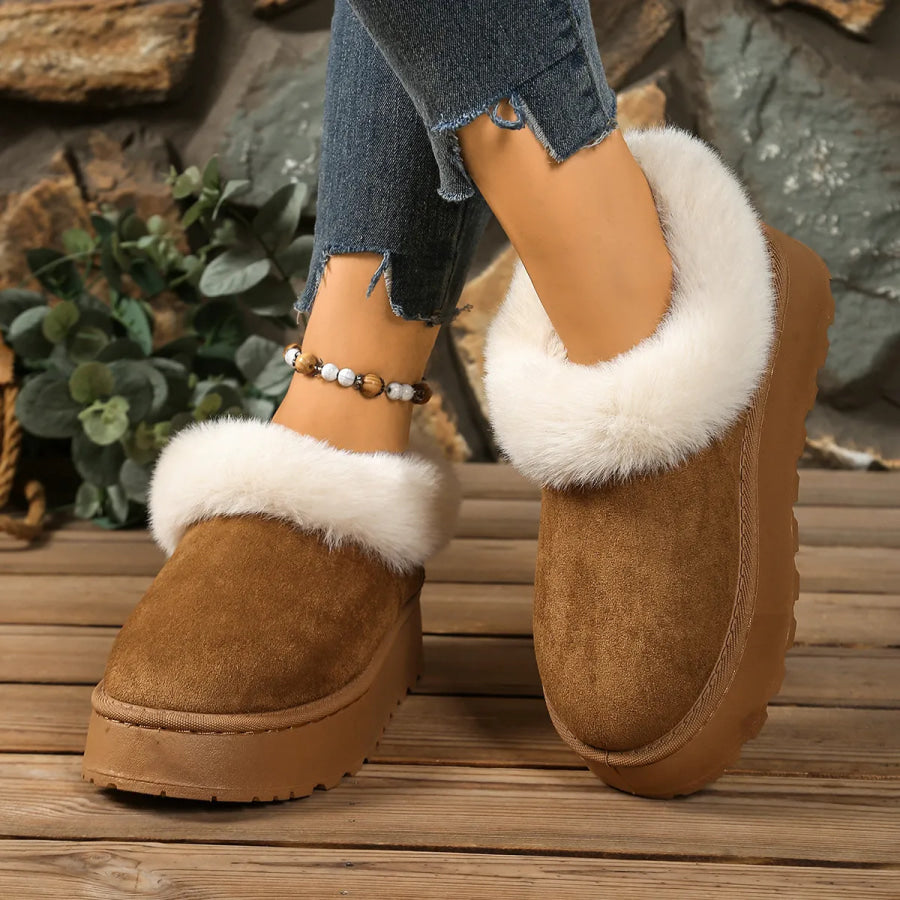 Fuzzy Trim Round Toe Platform Boots Maroon / 36 Apparel and Accessories