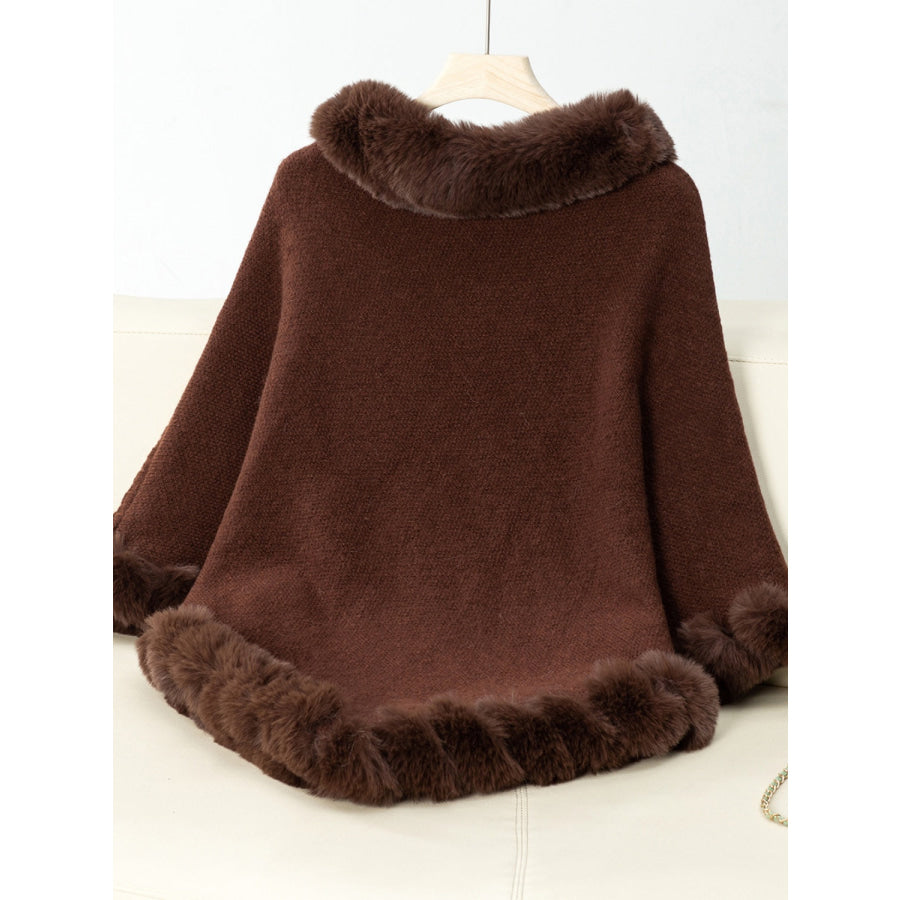 Fuzzy Trim Texture Three-Quarter Sleeve Poncho Apparel and Accessories