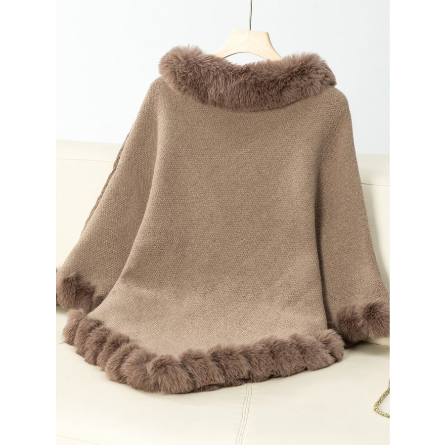 Fuzzy Trim Texture Three-Quarter Sleeve Poncho Apparel and Accessories