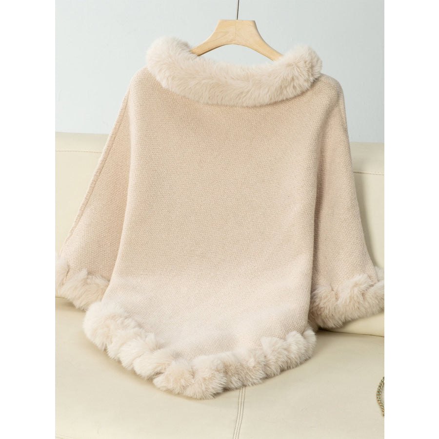 Fuzzy Trim Texture Three-Quarter Sleeve Poncho Apparel and Accessories