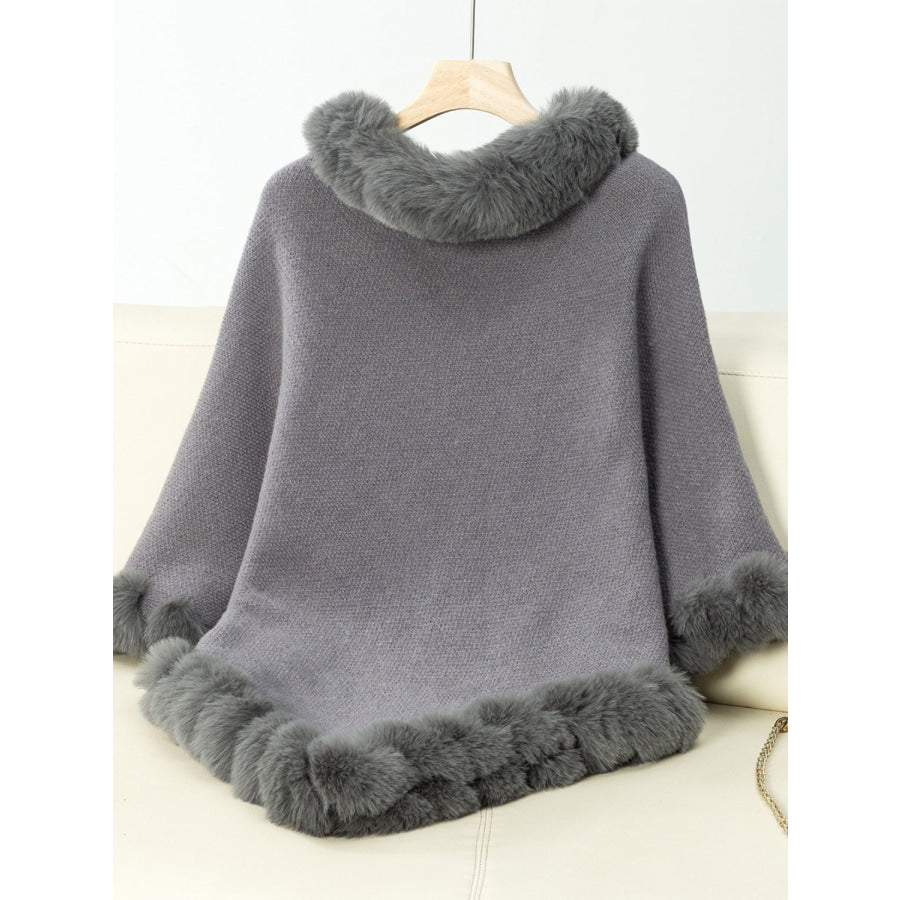 Fuzzy Trim Texture Three-Quarter Sleeve Poncho Apparel and Accessories