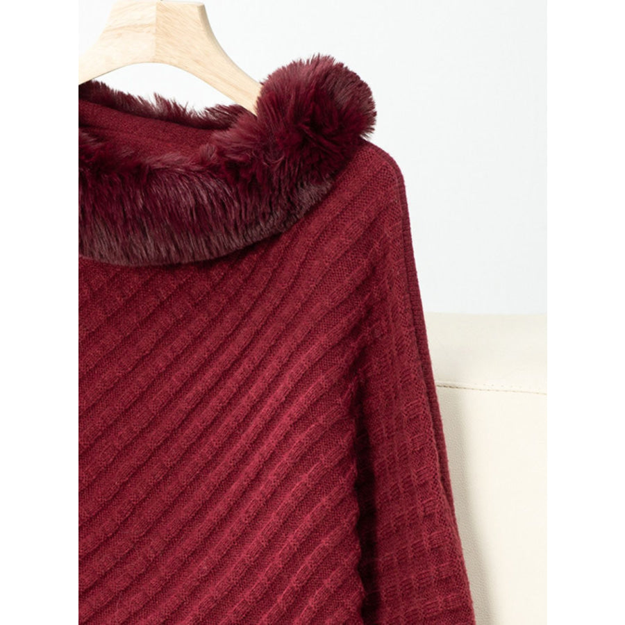 Fuzzy Trim Texture Three-Quarter Sleeve Poncho Apparel and Accessories