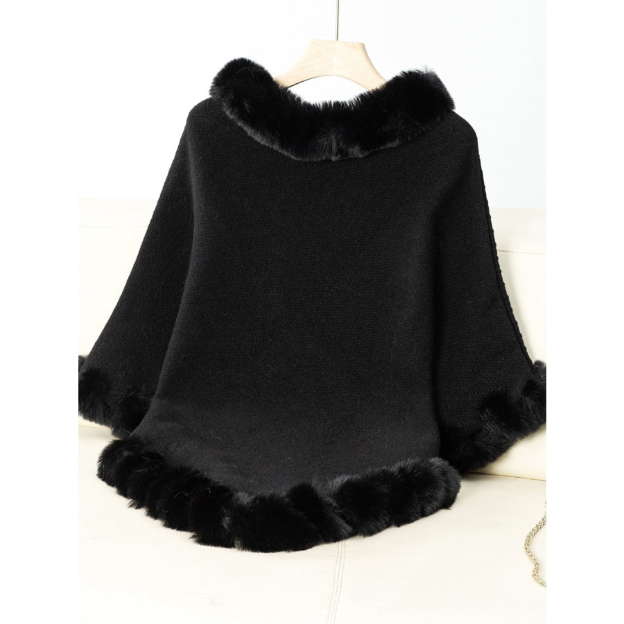 Fuzzy Trim Texture Three-Quarter Sleeve Poncho Apparel and Accessories