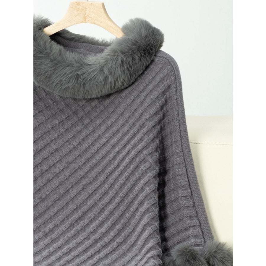 Fuzzy Trim Texture Three-Quarter Sleeve Poncho Apparel and Accessories