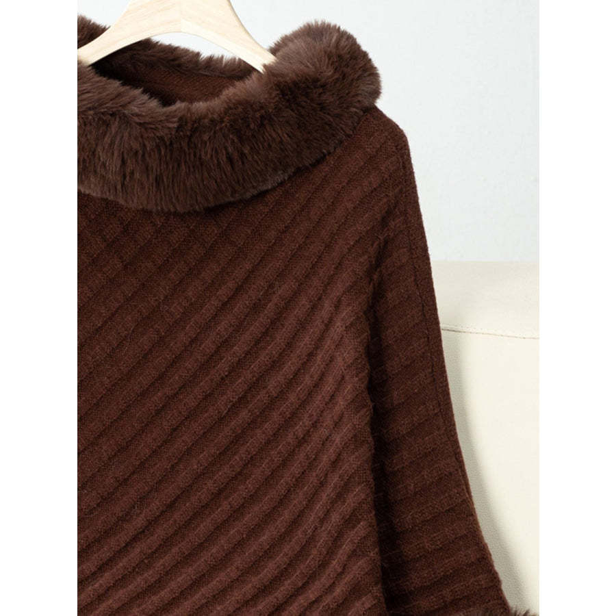 Fuzzy Trim Texture Three-Quarter Sleeve Poncho Apparel and Accessories