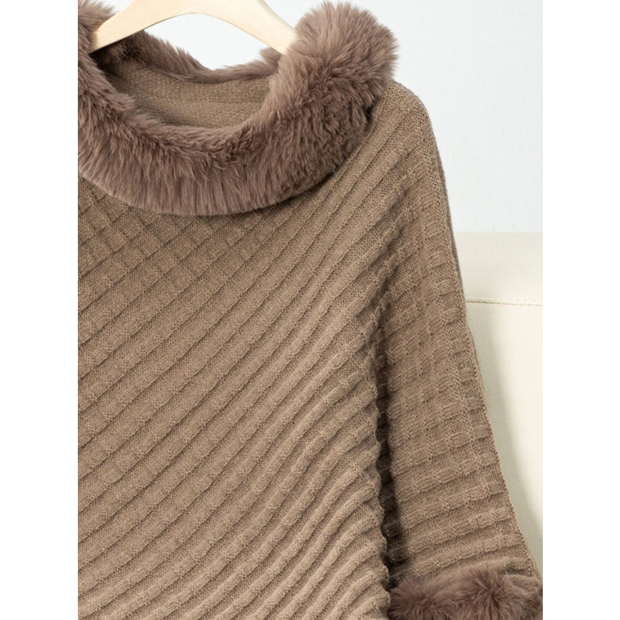 Fuzzy Trim Texture Three-Quarter Sleeve Poncho Apparel and Accessories