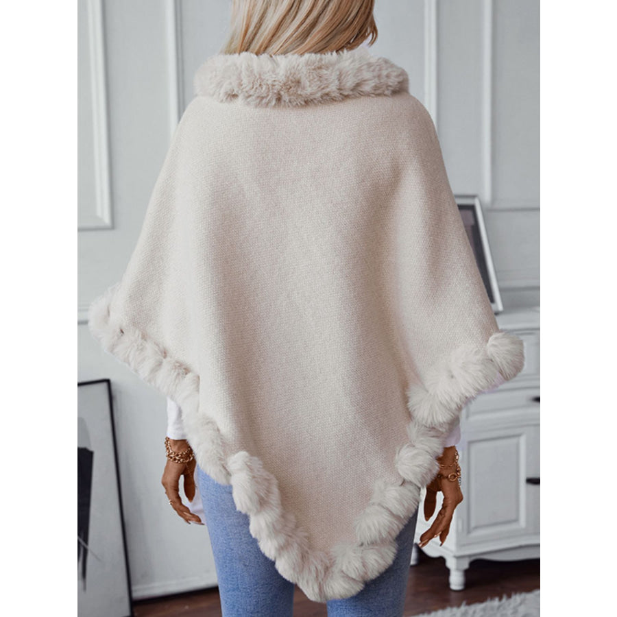 Fuzzy Trim Texture Three-Quarter Sleeve Poncho Apparel and Accessories