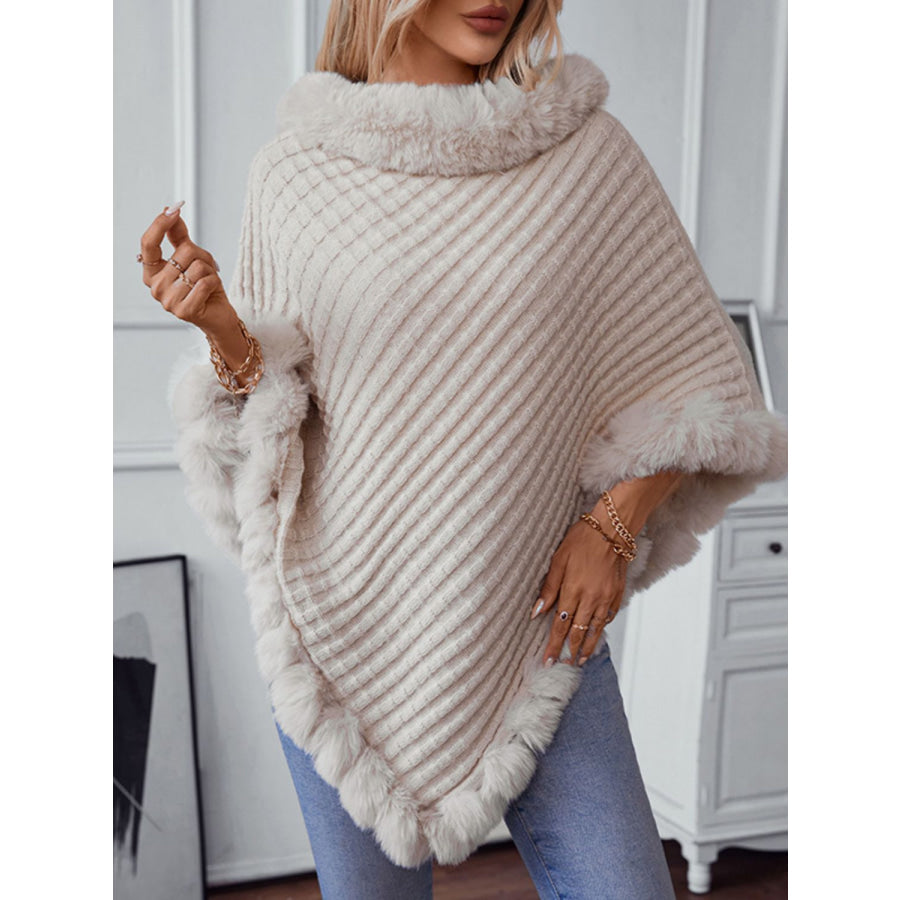 Fuzzy Trim Texture Three-Quarter Sleeve Poncho Apparel and Accessories