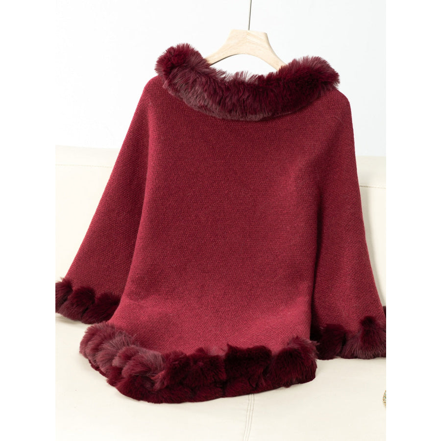 Fuzzy Trim Texture Three-Quarter Sleeve Poncho Apparel and Accessories