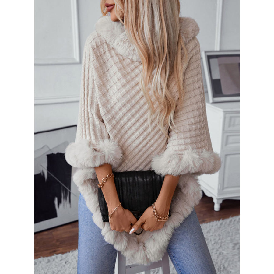 Fuzzy Trim Texture Three-Quarter Sleeve Poncho Apparel and Accessories