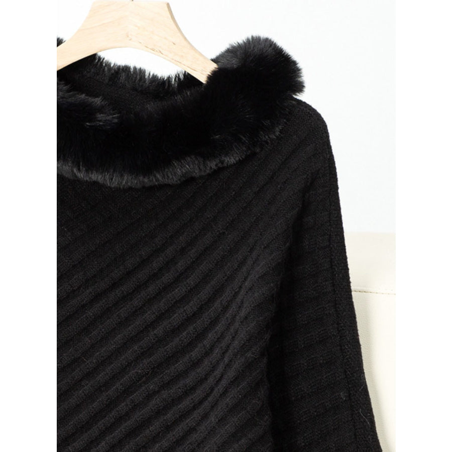 Fuzzy Trim Texture Three-Quarter Sleeve Poncho Apparel and Accessories