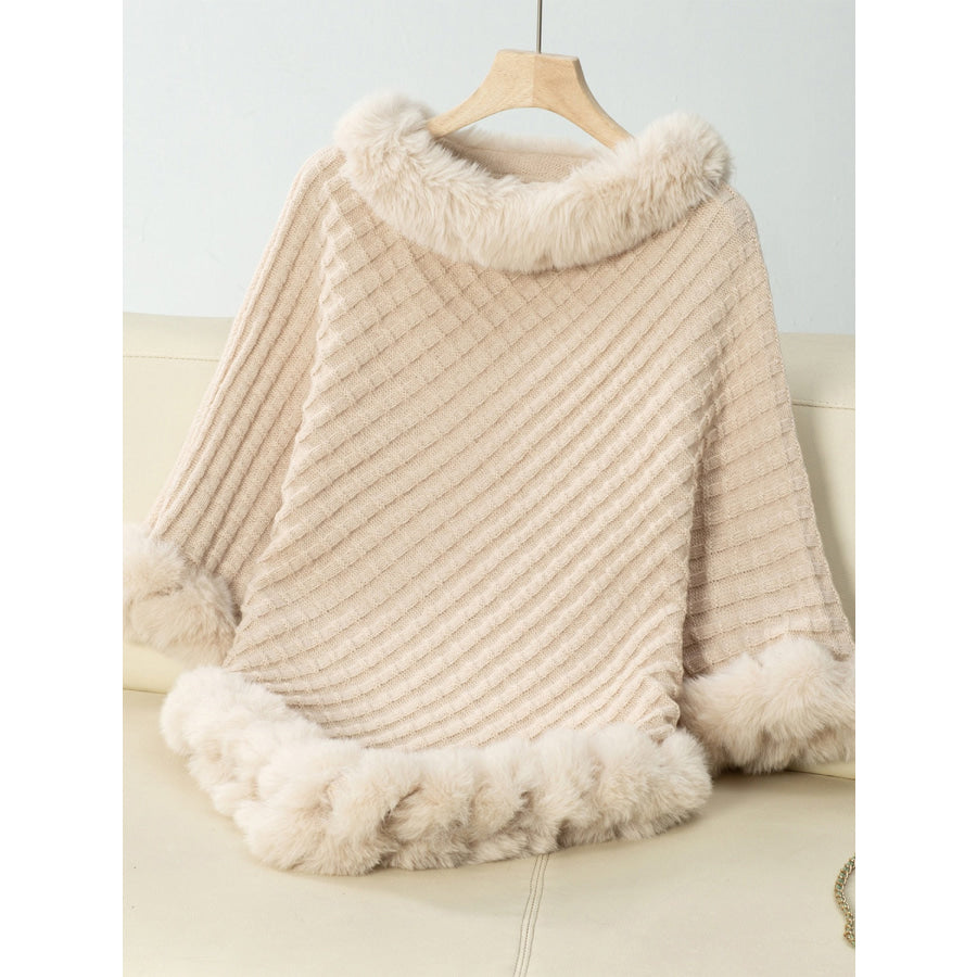 Fuzzy Trim Texture Three-Quarter Sleeve Poncho Apparel and Accessories